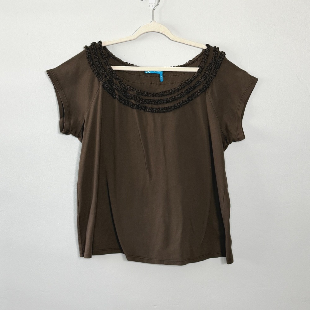 Fresh Produce‎ Top Womens XL Brown Scoop Neck Ruffle Trim Coastal Cottagecore
